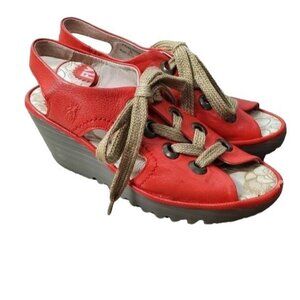 Fly London Women's Wedge Shoe Ylfa Red Lace Up Sandal Sz 8-8.5M EU 39